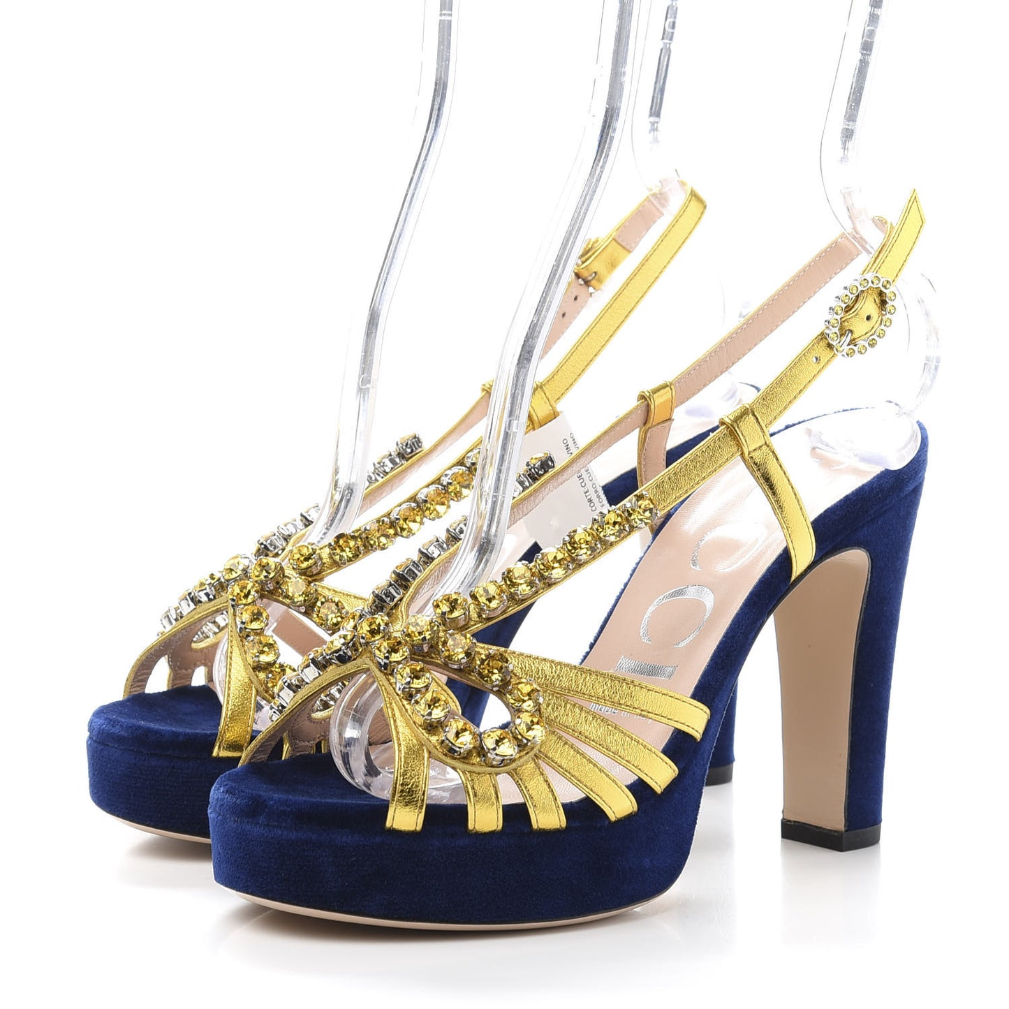 Velvet Nappa Crystal Zephyra Slingback Platform High Heel Sandals 35.5 Blue Gold