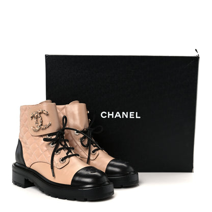 Chanel Shiny Lambskin Quilted Lace Up Combat Boots 36 Beige Black 12 of 12