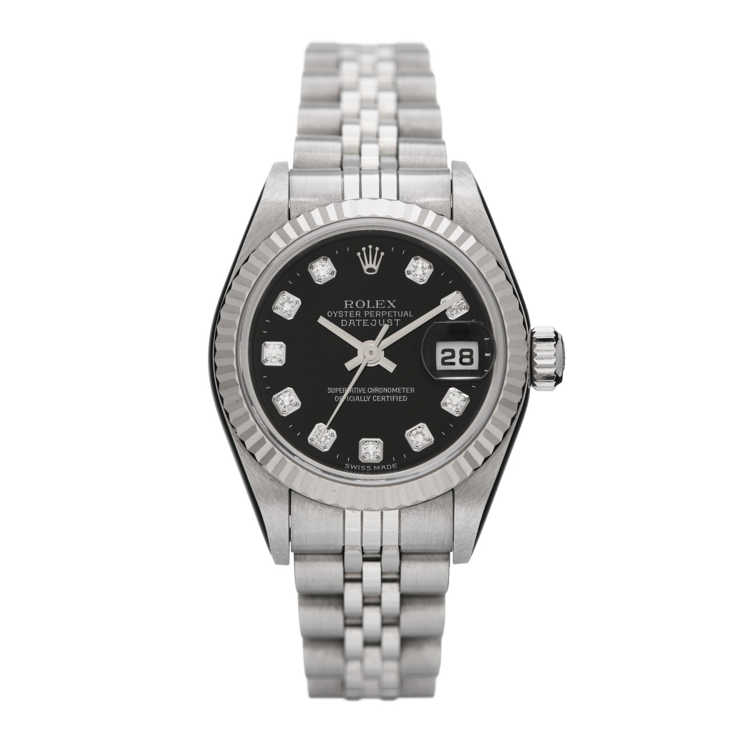 Rolex Stainless Steel 18K White Gold Diamond 26mm Oyster Perpetual Datejust Watch Black 79174 1 of 4