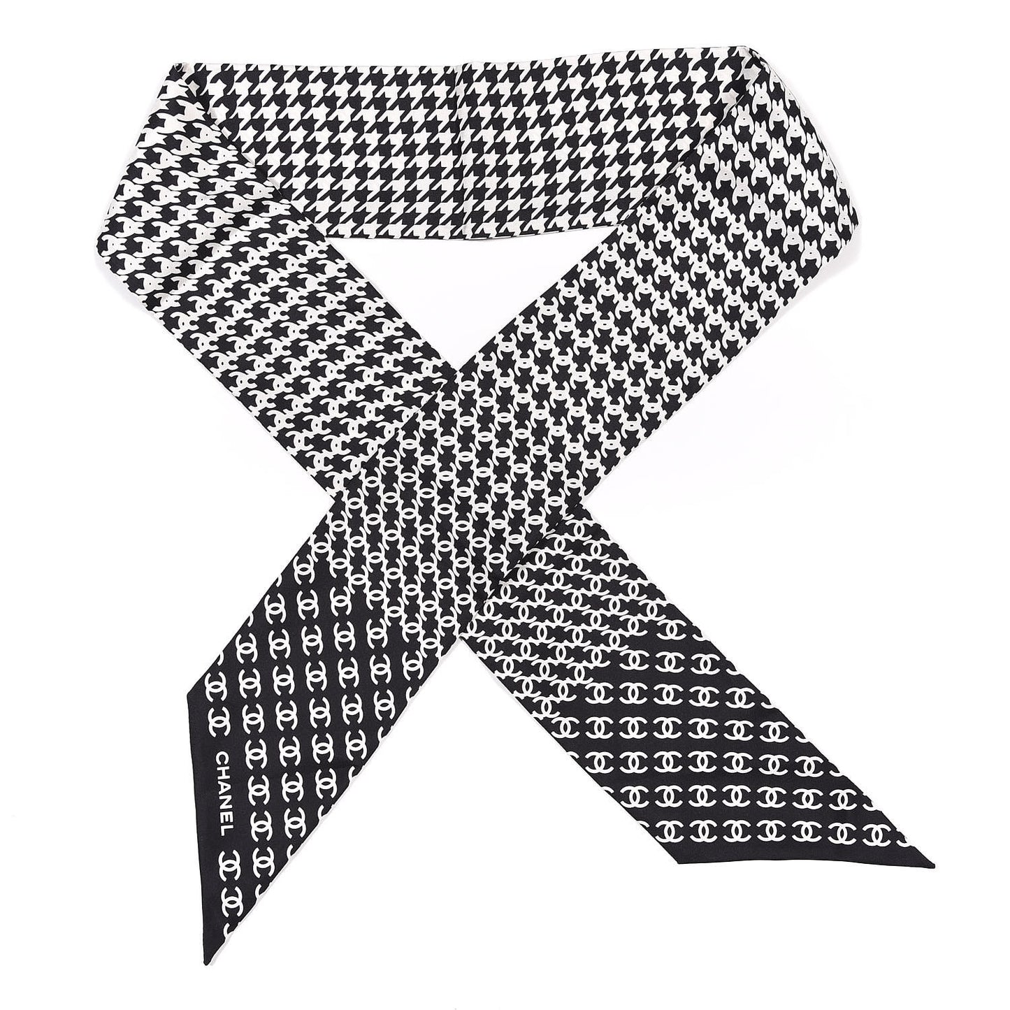 Silk Twill Houndstooth Slim Bandeau Scarf Black Ecru