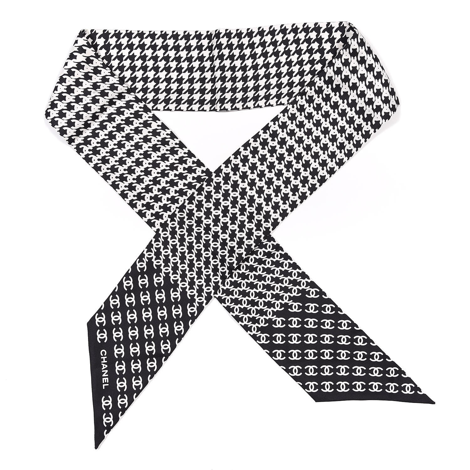 Chanel Silk Twill Houndstooth Slim Bandeau Scarf Black Ecru 1 of 3