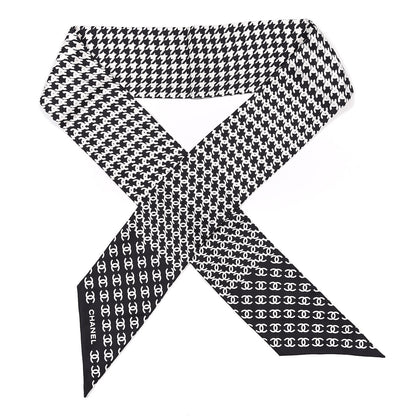 Chanel Silk Twill Houndstooth Slim Bandeau Scarf Black Ecru 1 of 3