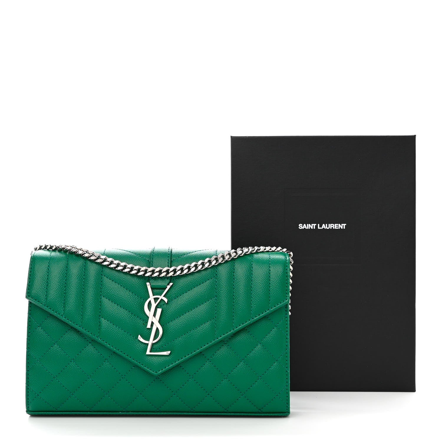 Saint Laurent Grain De Poudre Mixed Matelasse Triquilt Monogram Chain Wallet Green Field 10 of 10
