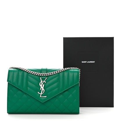 Saint Laurent Grain De Poudre Mixed Matelasse Triquilt Monogram Chain Wallet Green Field 10 of 10
