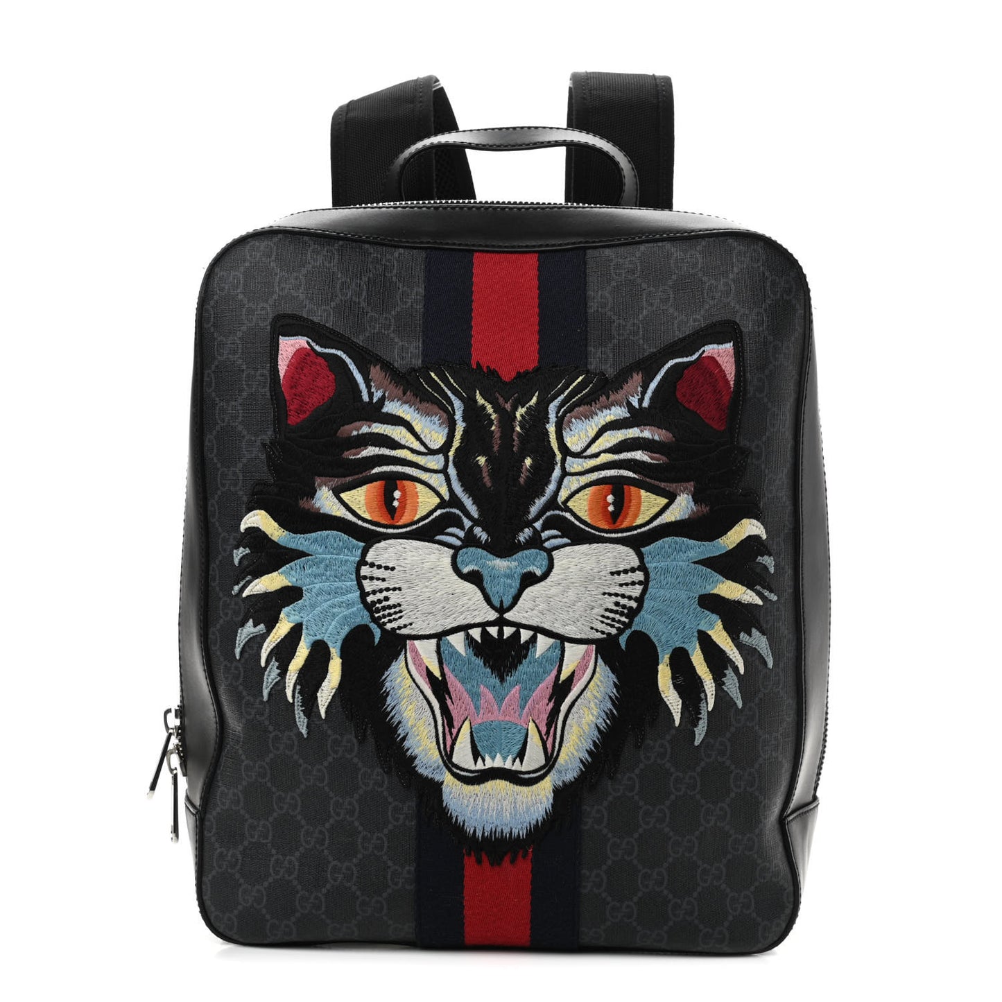 GG Supreme Monogram Angry Cat Web Tote Backpack Black Grey