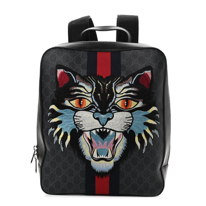 Gucci GG Supreme Monogram Angry Cat Web Tote Backpack Black Grey 1 of 10