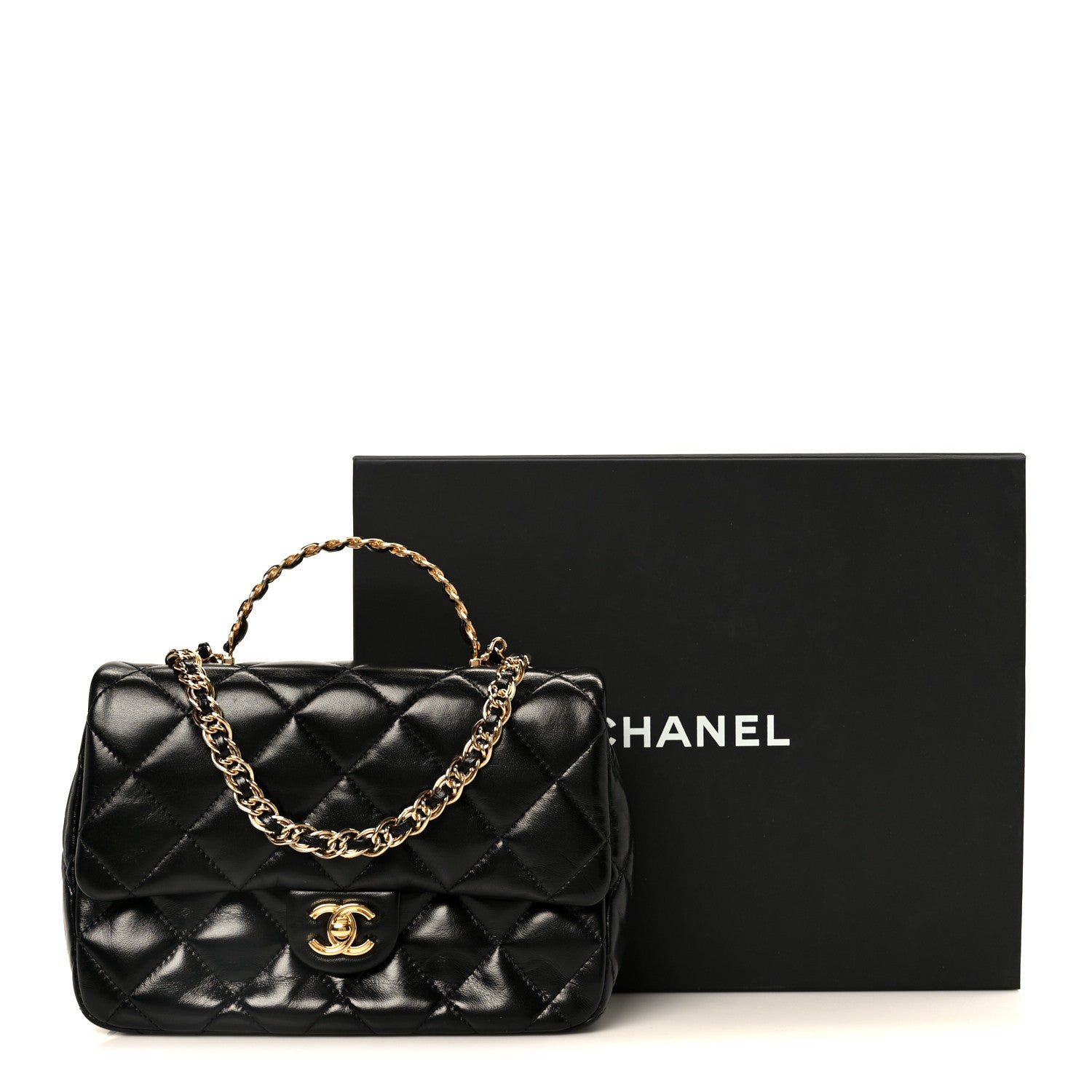 Chanel Shiny Lambskin Quilted Golden Links Top Handle Flap Black 12 of 12