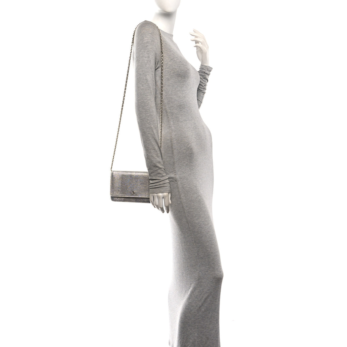 Chanel Calfskin Lizard Embossed Wallet on Chain WOC Silver 2 of 11
