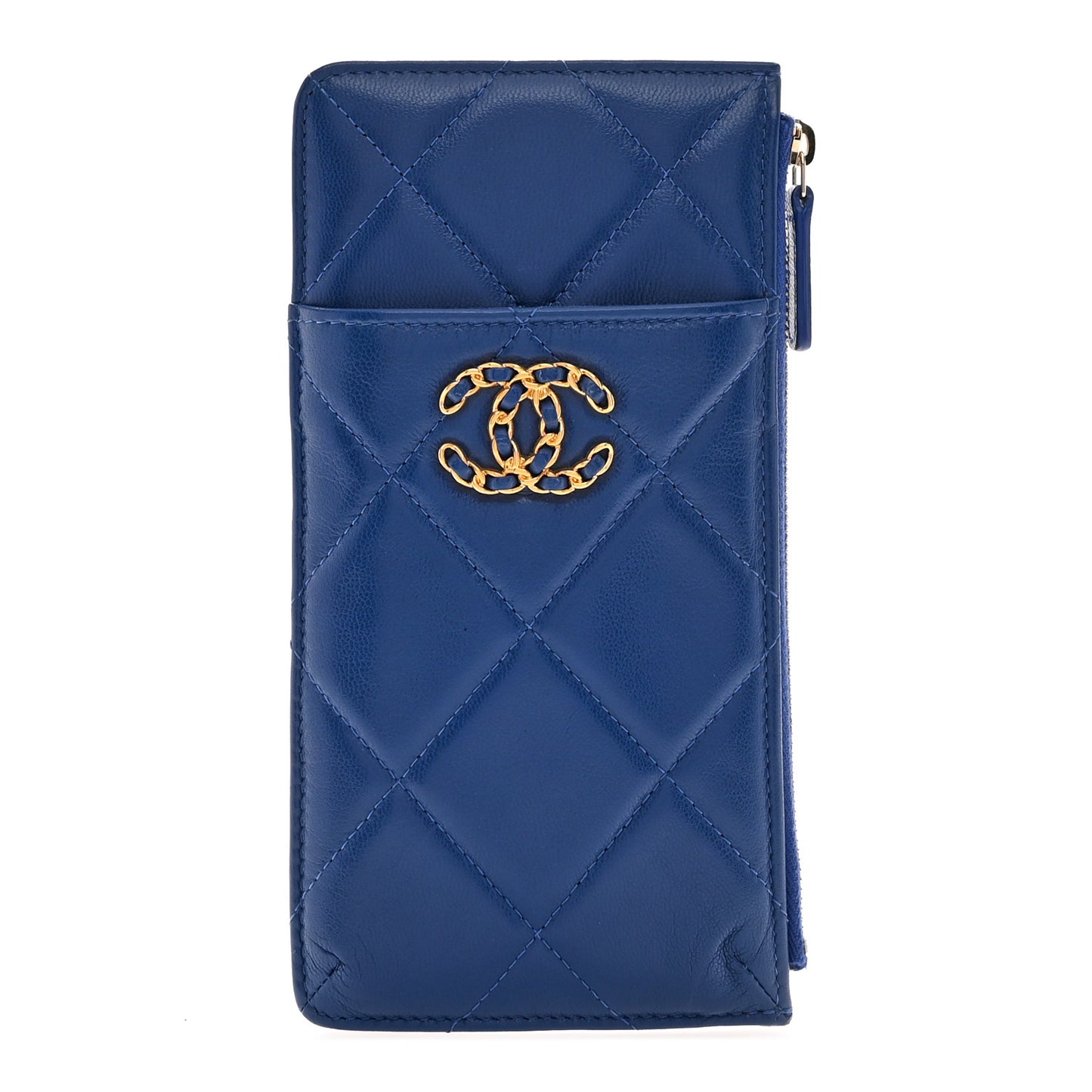 Shiny Goatskin Quilted Chanel 19 Flat Wallet Pouch Blue
