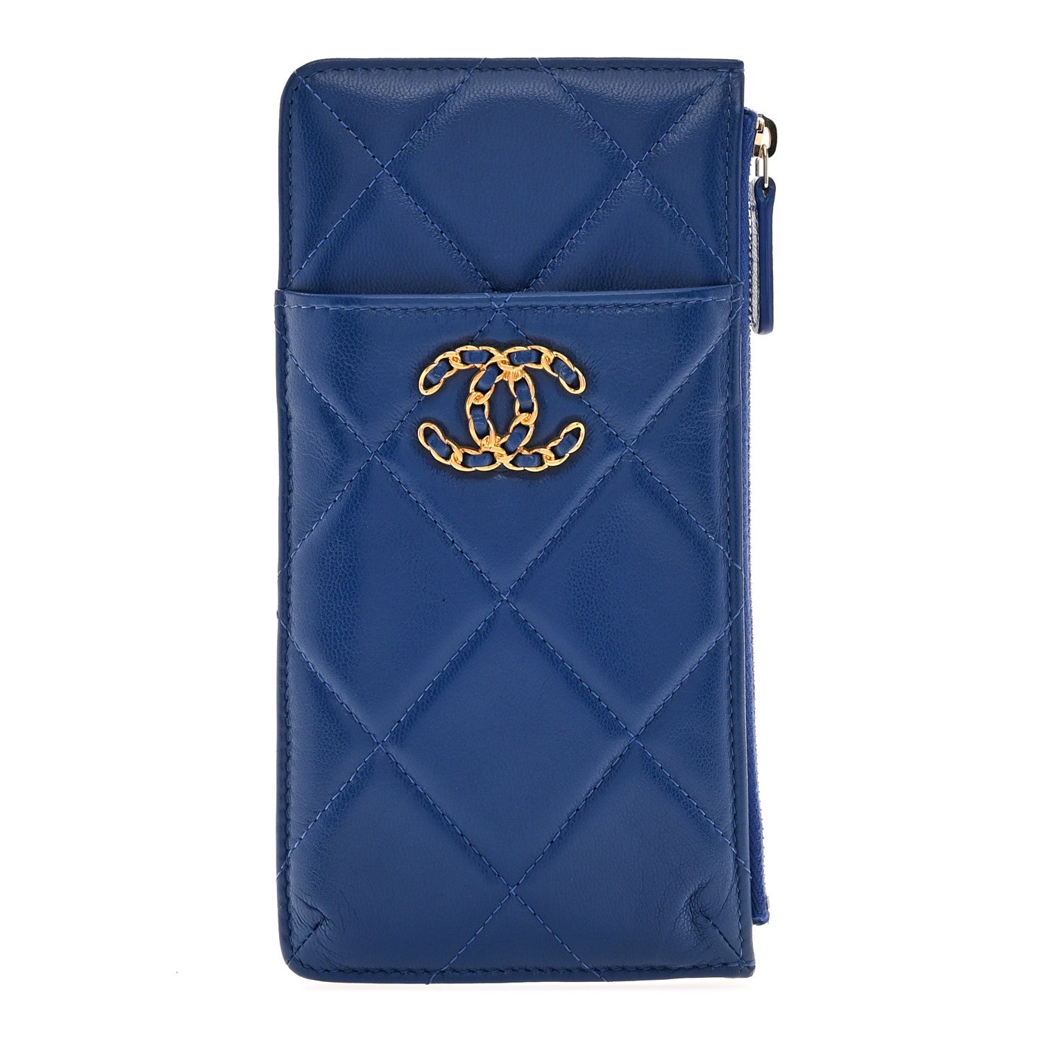 Chanel Shiny Goatskin Quilted Chanel 19 Flat Wallet Pouch Blue 1 of 7