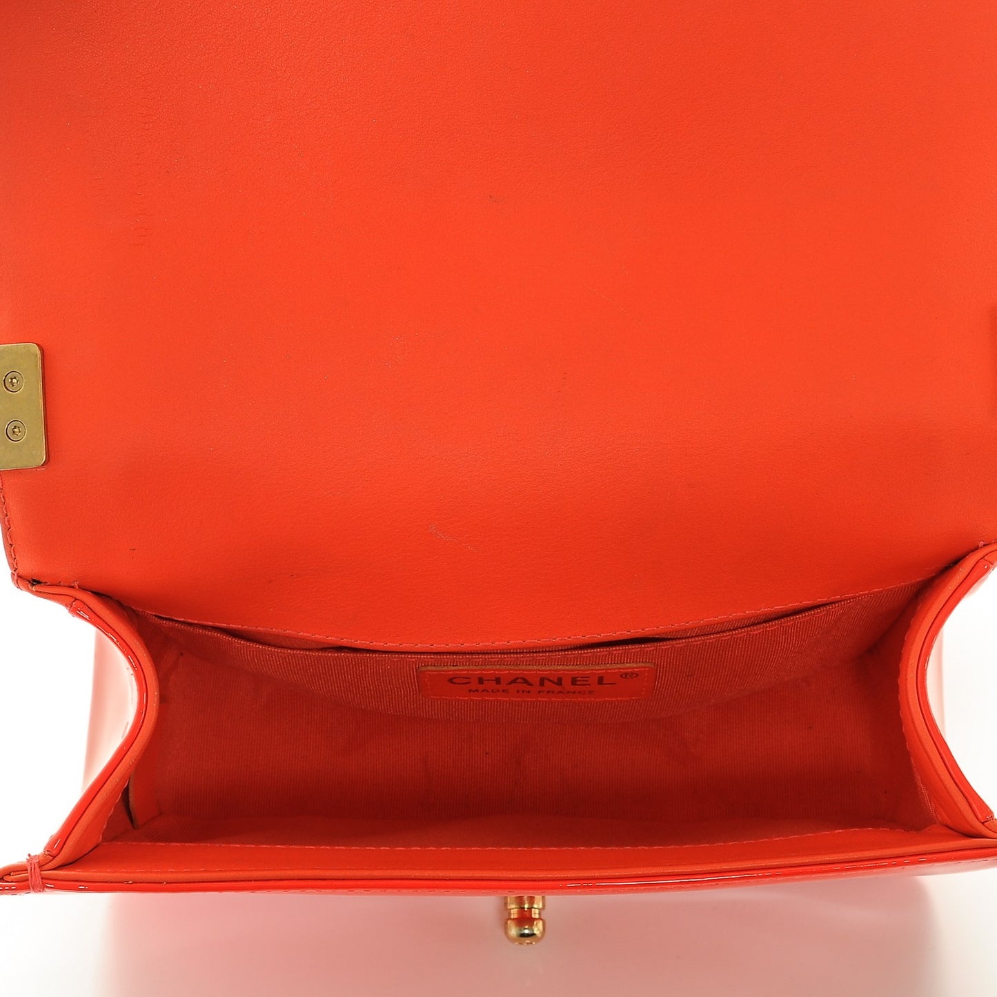 Patent Calfskin Quilted Small Boy Flap Orange