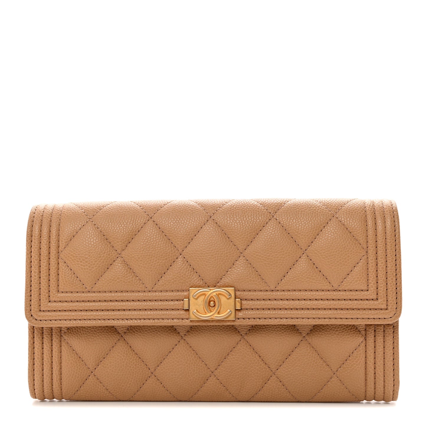 Caviar Quilted Large Boy Gusset Flap Wallet Beige