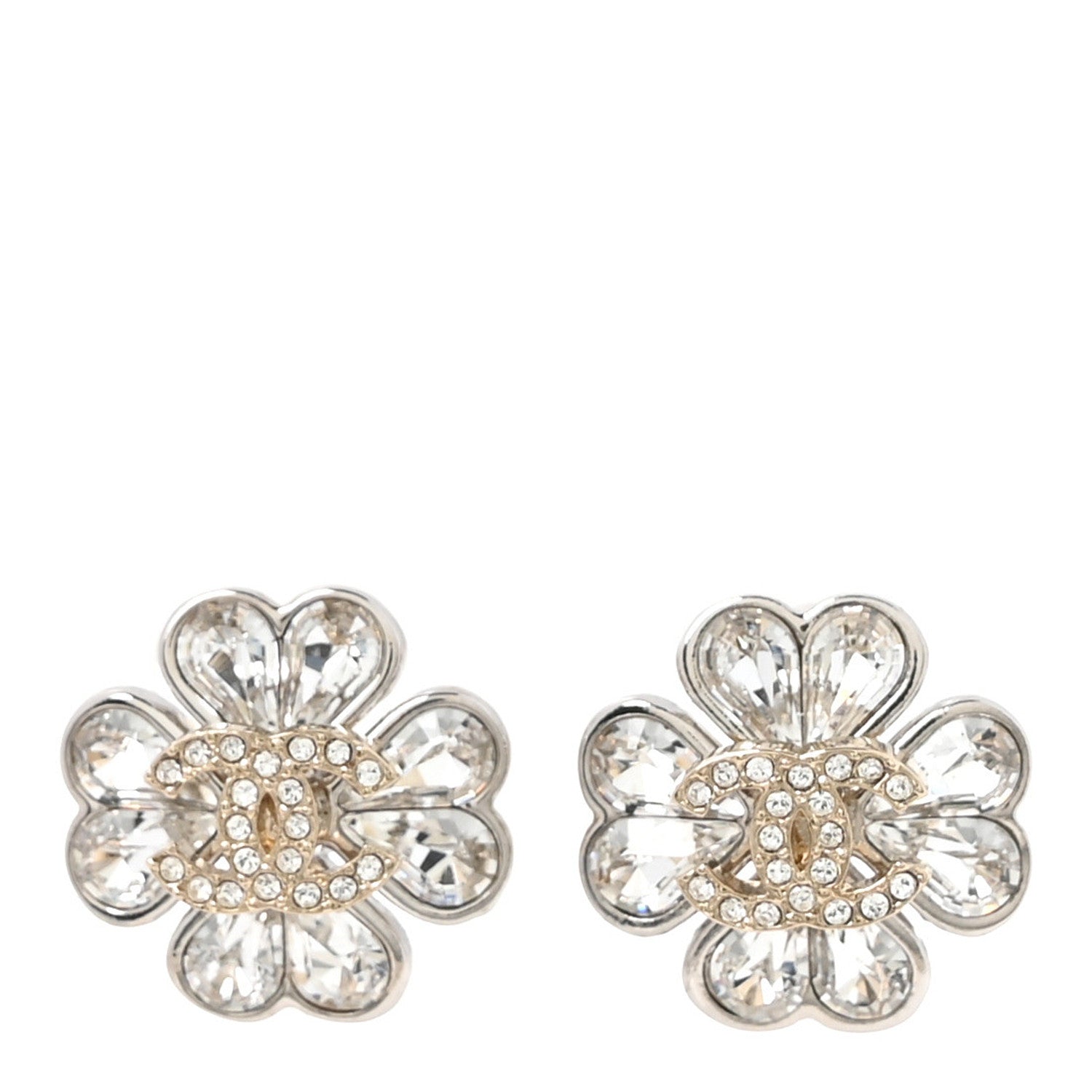 Chanel Metal Crystal CC Clover Heart Earrings Silver Gold 1 of 5
