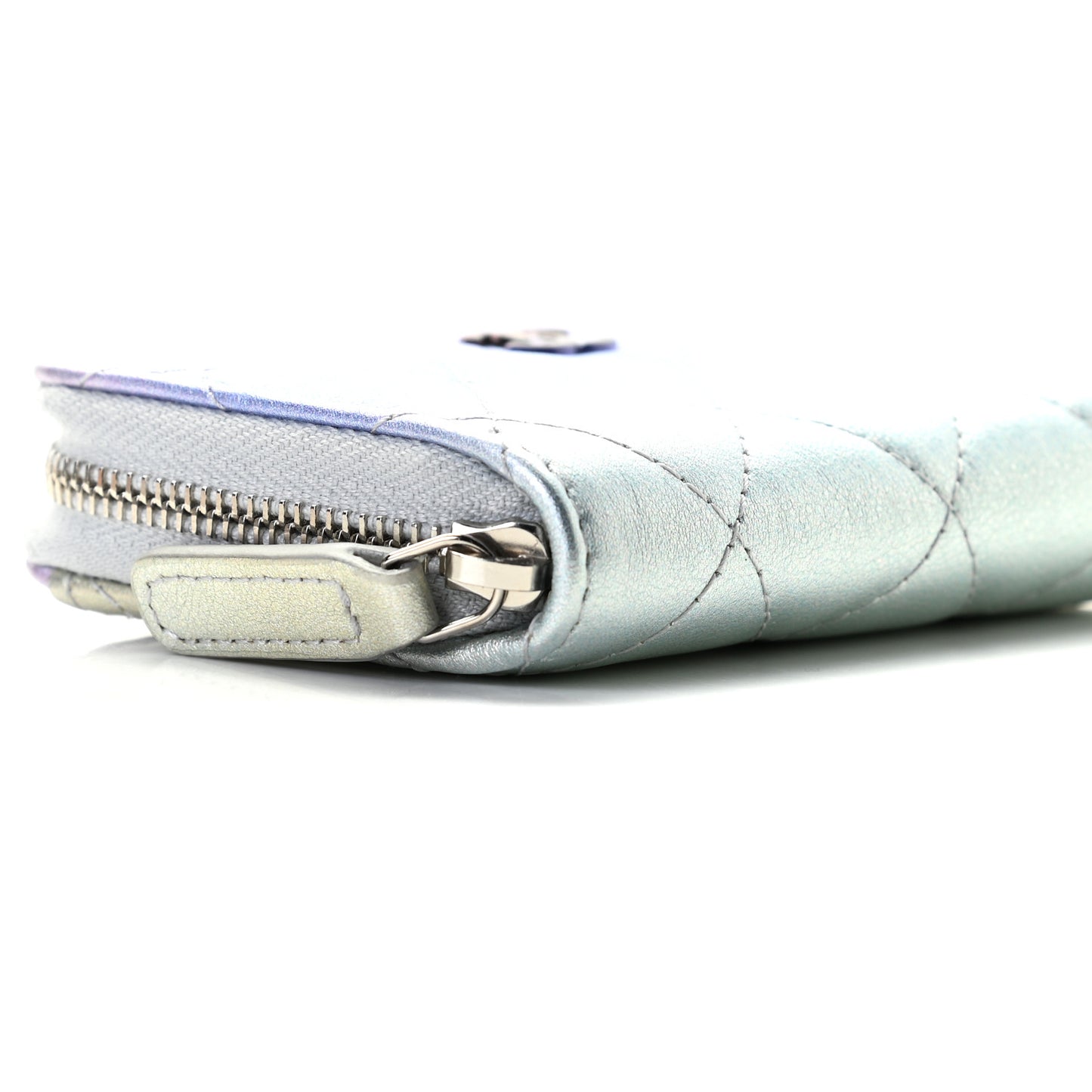 Gradient Metallic Calfskin Quilted Zip Around Coin Purse Wallet Silver Blue Yellow Purple