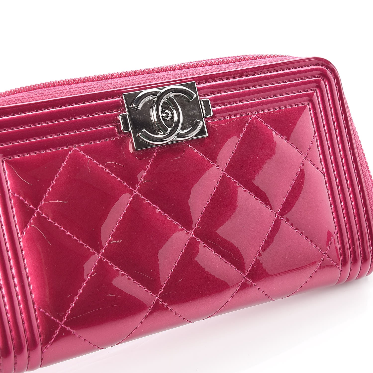 Chanel Metallic Patent Quilted Boy Zip Around Wallet Fuchsia 9 of 10