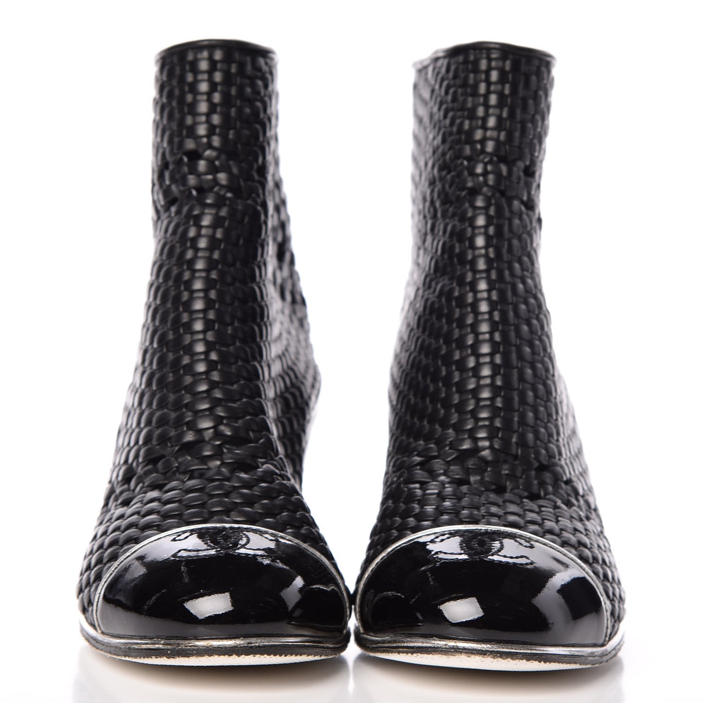 Woven Lambskin Patent Cap Toe Short Boots 39.5 Black