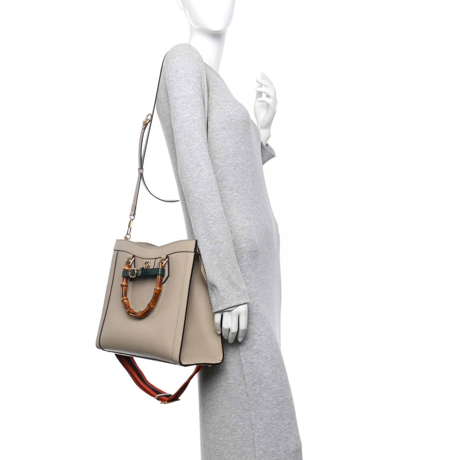 Gucci Textured Dollar Calfskin Web Medium Diana Tote Bag Oatmeal Vintage Green 2 of 14