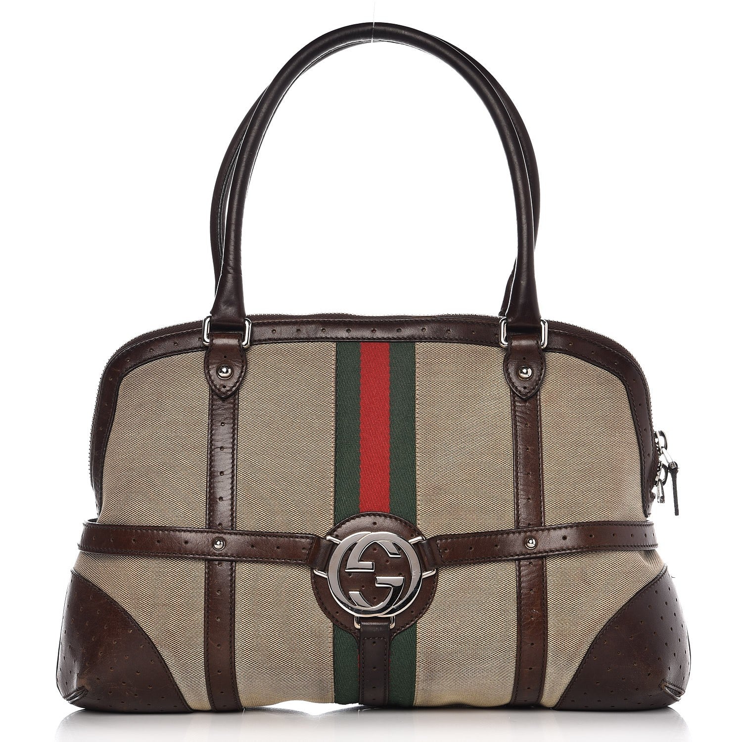 Gucci Canvas Calfskin Web GG Reins Zip Up Tote Bag Tan Brown 1 of 12