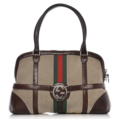 Gucci Canvas Calfskin Web GG Reins Zip Up Tote Bag Tan Brown 1 of 12