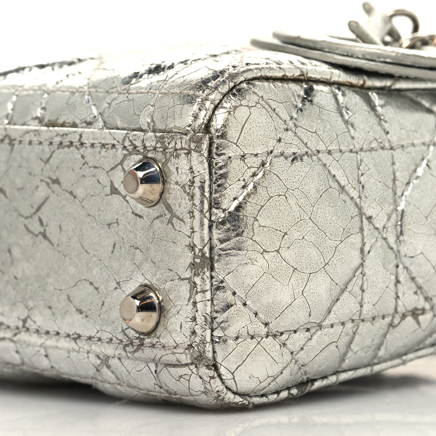 Metallic Crinkled Calfskin Cannage Micro Lady Dior Silver