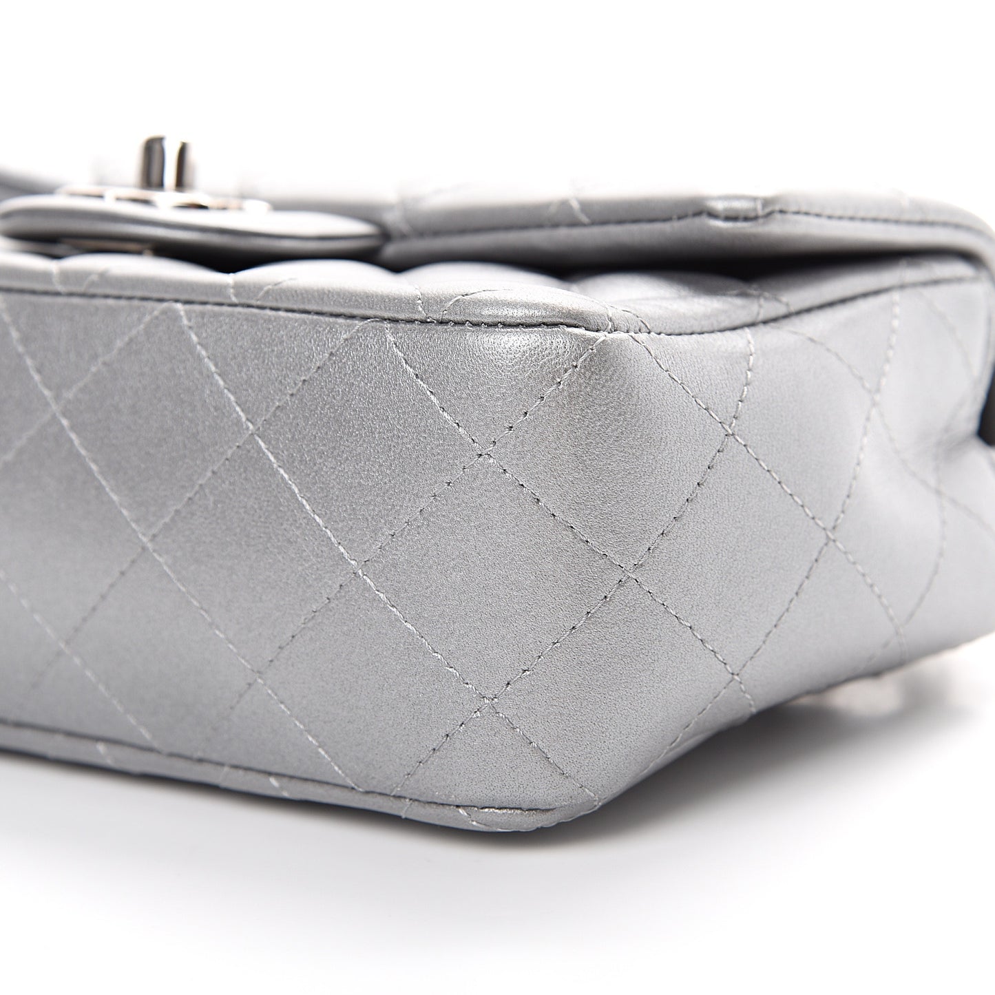 Metallic Lambskin Quilted Mini Rectangular Flap Silver