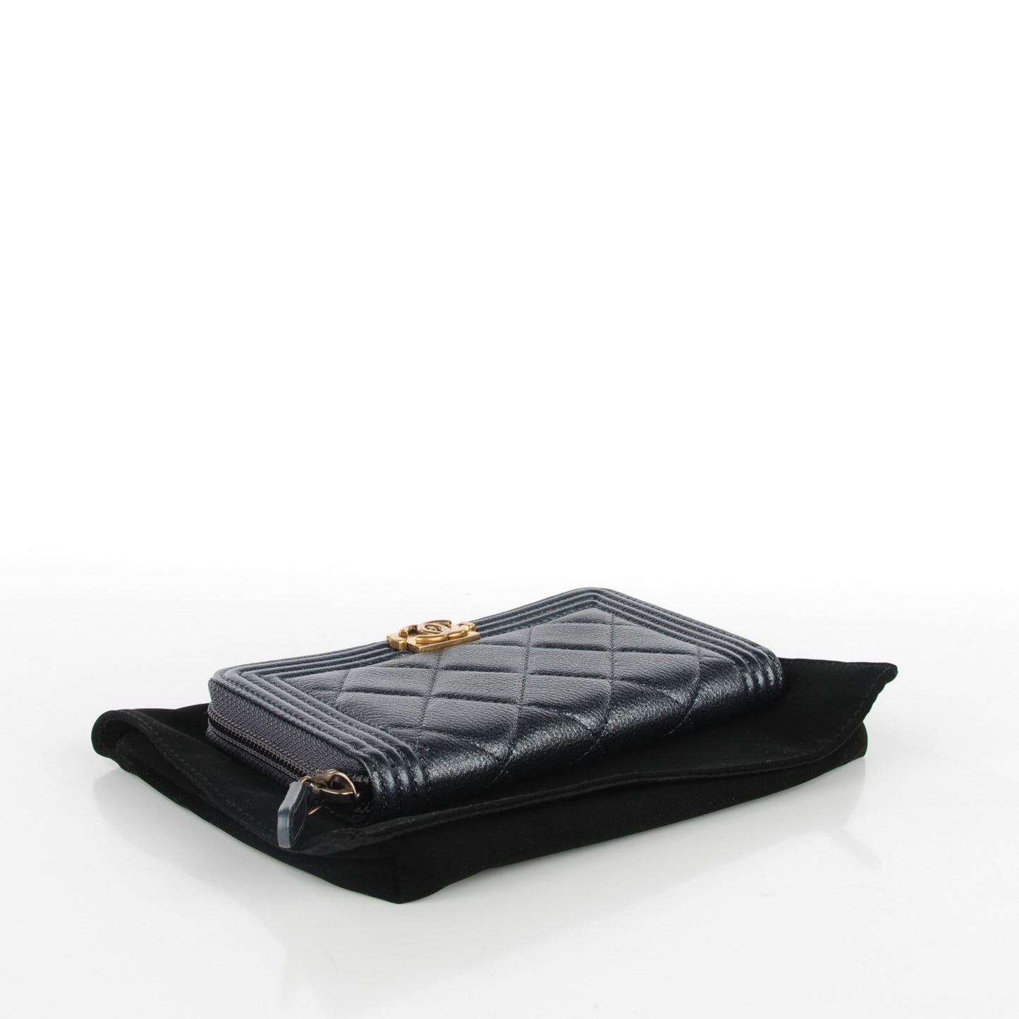Metallic Calfskin Quilted Small Boy Zip Around Wallet Charcoal