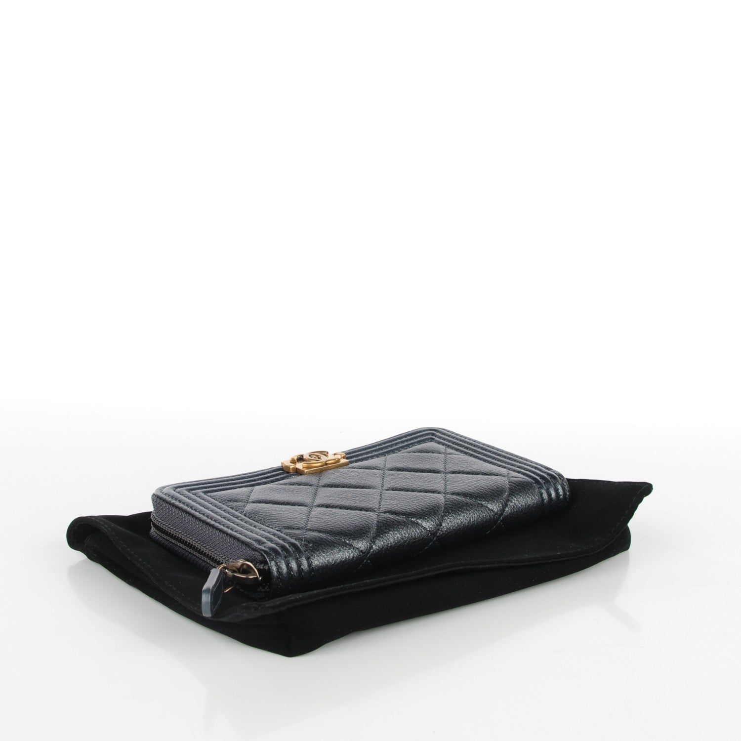 Chanel Metallic Calfskin Quilted Small Boy Zip Around Wallet Charcoal 4 of 9