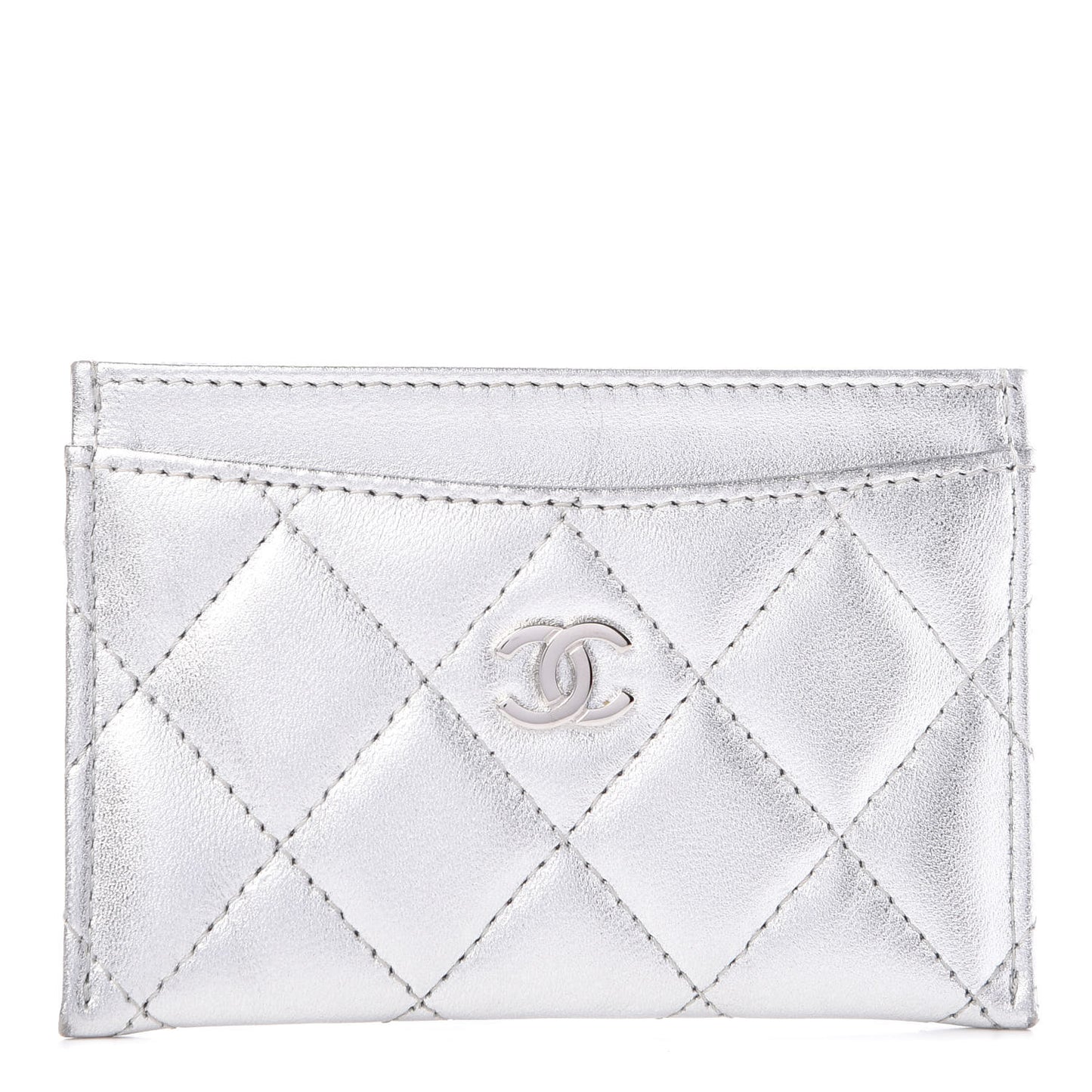 Metallic Lambskin Quilted CC Card Holder Silver
