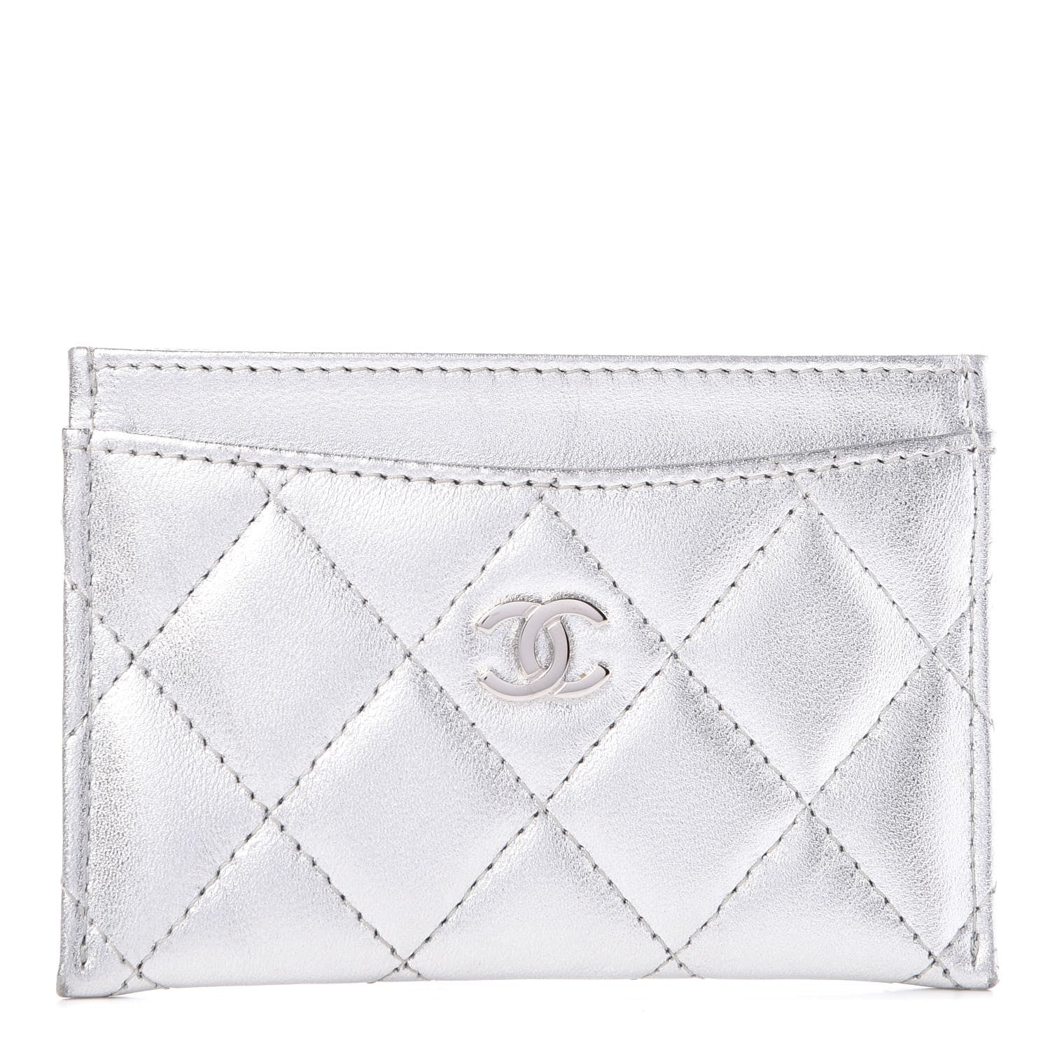 Chanel Metallic Lambskin Quilted CC Card Holder Silver 1 of 10