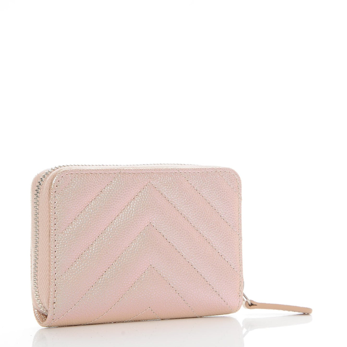 Metallic Caviar Chevron Quilted Zip Around Coin Purse Light Gold