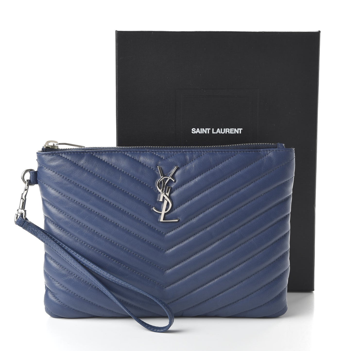 Calfskin Matelasse Chevron Monogram A5 Wristlet Medium Blue