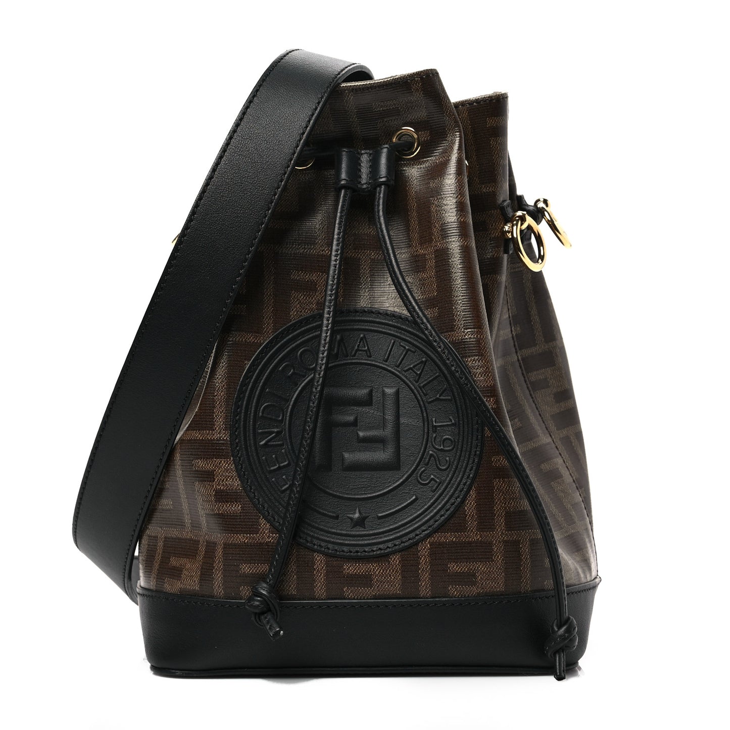 Glazed Fabric Vitello Grace F is Fendi FF 1974 Stamp Patch Grande Mon Tresor Bucket Bag Mogano Panna Black