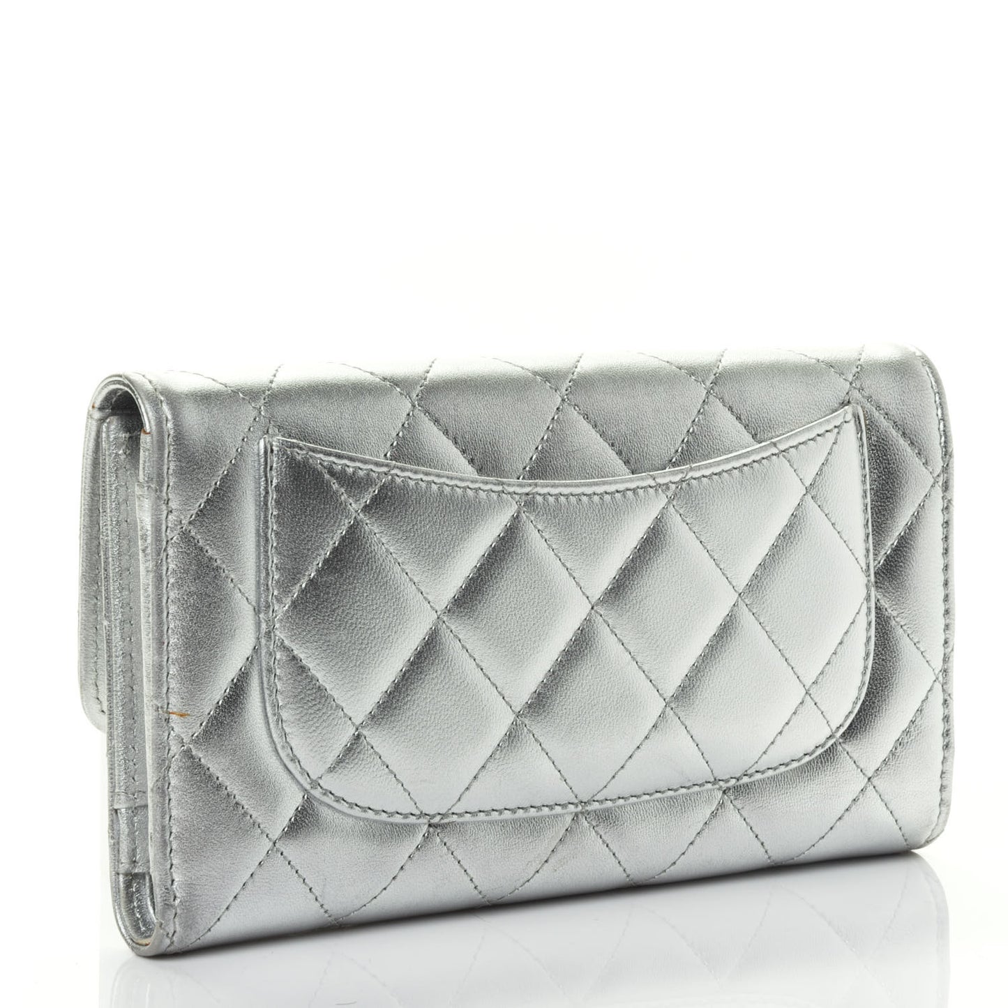 Metallic Lambskin Quilted Long Flap Wallet Silver