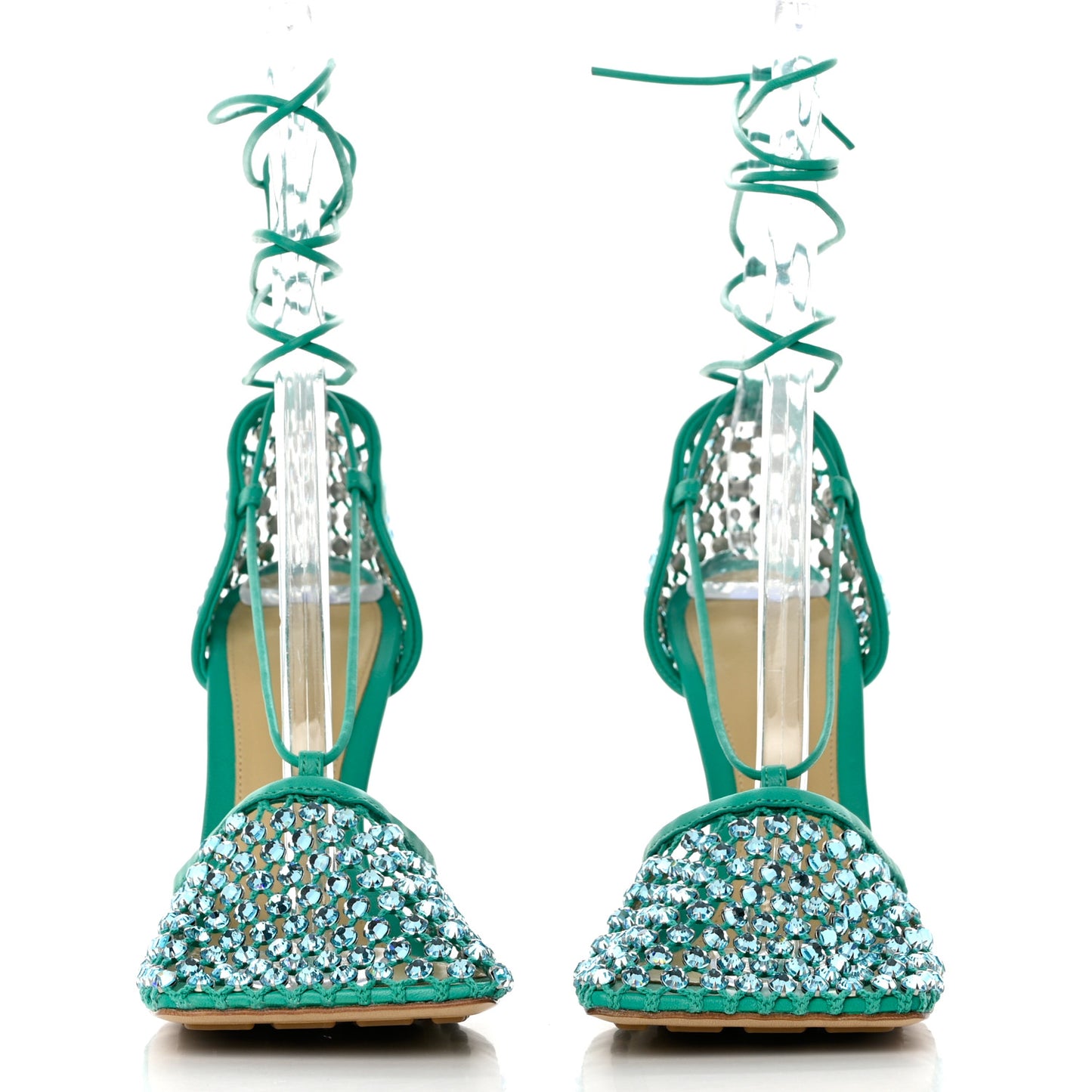 Mesh Nappa Crystal Embellished Sparkle Stretch Ankle Tie Sandals 39.5 Acid Turquoise