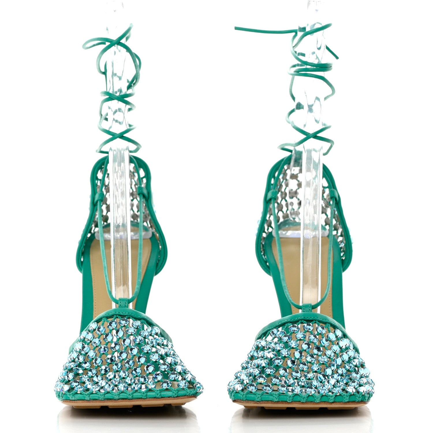 Bottega Veneta Mesh Nappa Crystal Embellished Sparkle Stretch Ankle Tie Sandals 39.5 Acid Turquoise 2 of 7