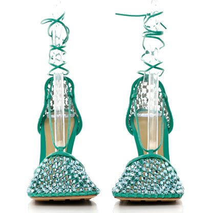 Bottega Veneta Mesh Nappa Crystal Embellished Sparkle Stretch Ankle Tie Sandals 39.5 Acid Turquoise 2 of 7