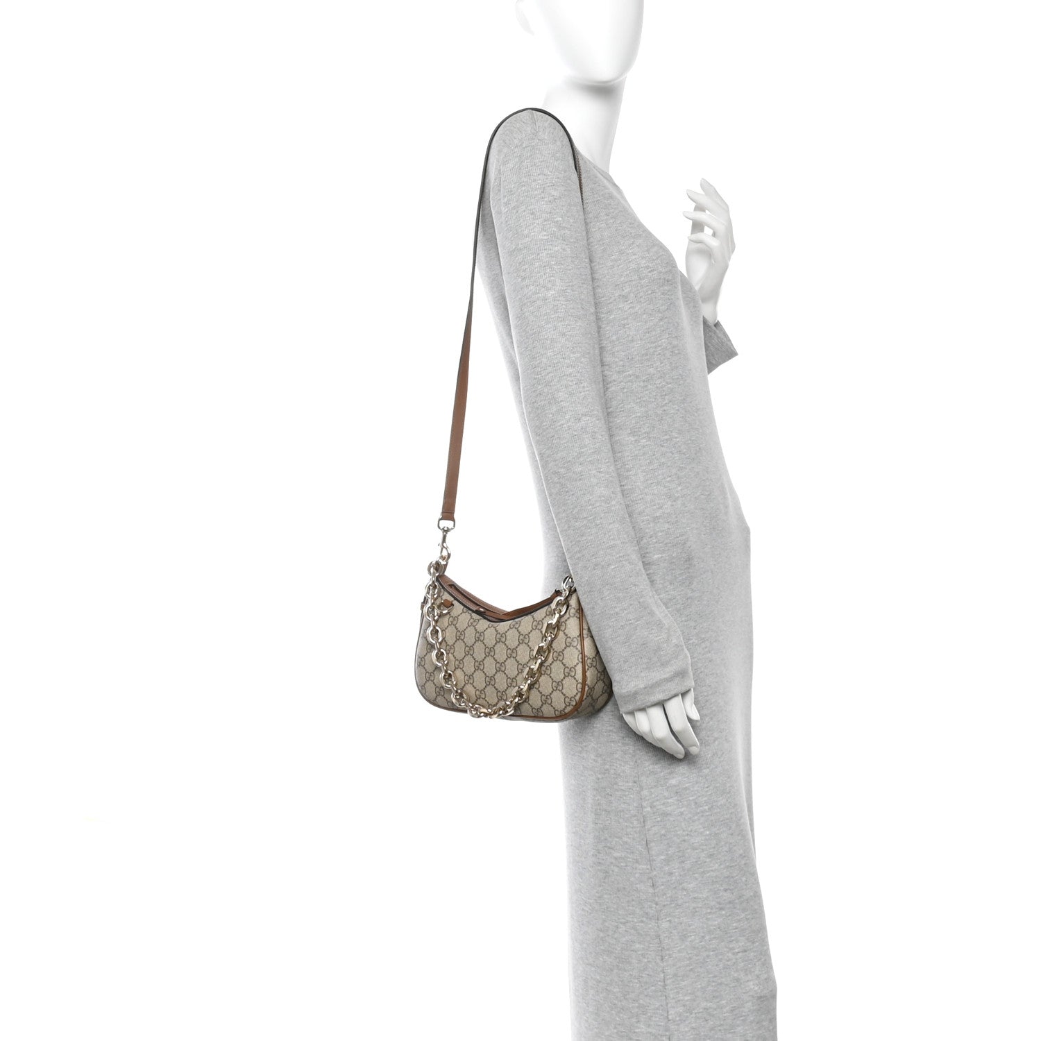 Gucci GG Supreme Monogram Textured Calfskin Small Emblem Shoulder Bag Beige Dark Brown 2 of 11