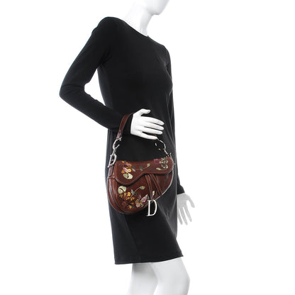 Christian Dior Calfskin Embroidered Romantic Flowers Saddle Bag Brown 2 of 9