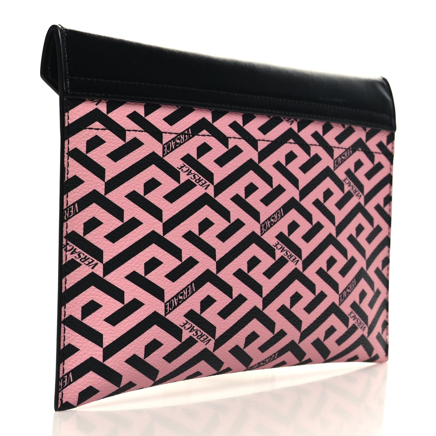 Coated Canvas Calfskin LA Greca Envelope Pouch Black Pink