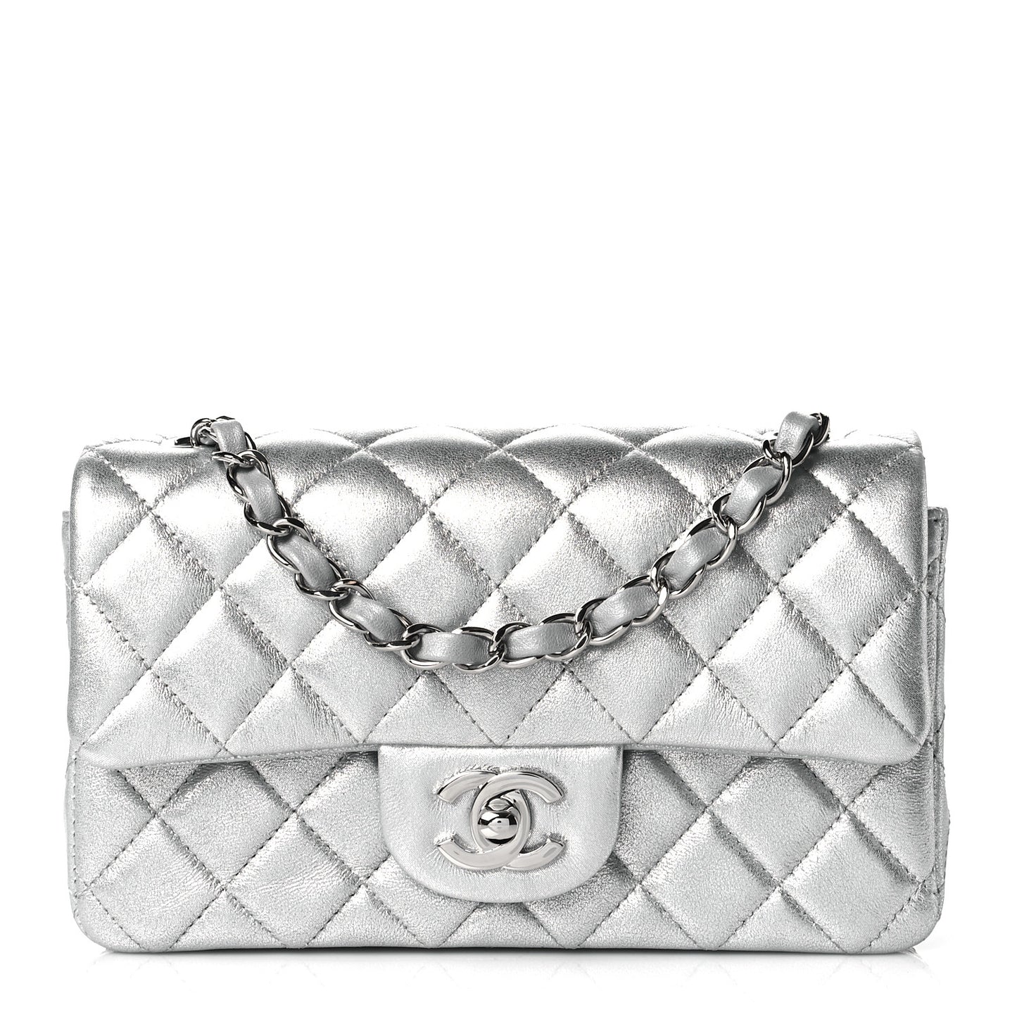 Metallic Lambskin Quilted Mini Rectangular Flap Silver