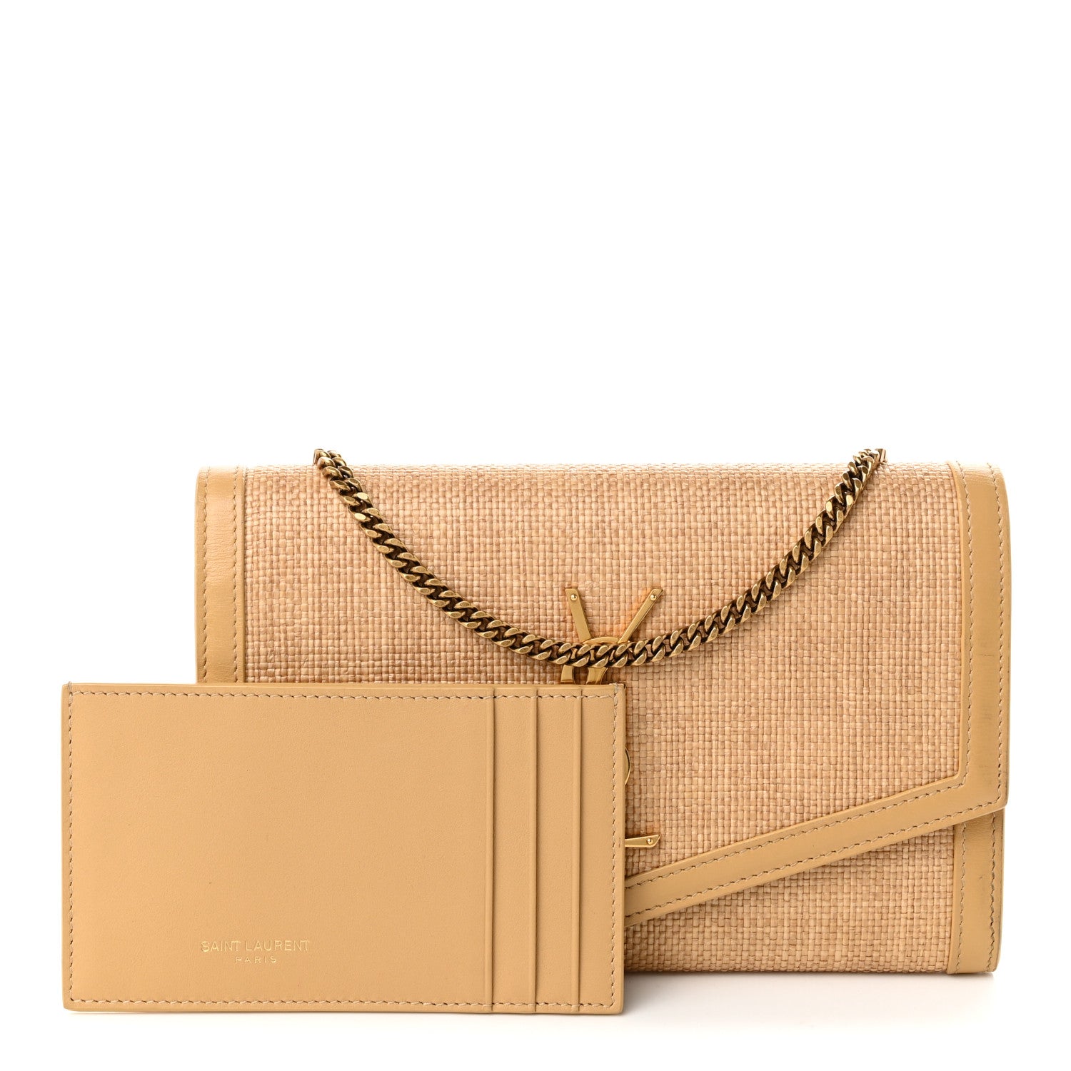 Saint Laurent Micro Raffia Monogram Uptown Chain Wallet Natural Hay Blush 3 of 10