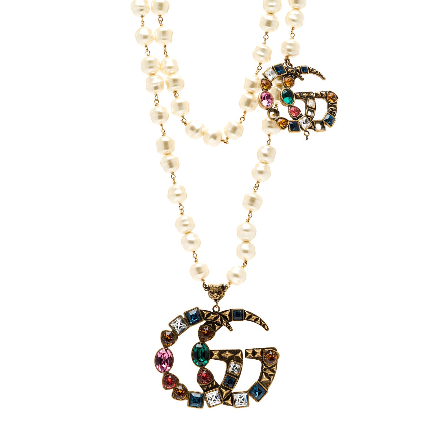 Gucci Crystal Pearl Double G Necklace Aged Gold Multicolor 1 of 6