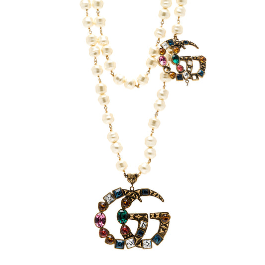 Crystal Pearl Double G Necklace Aged Gold Multicolor
