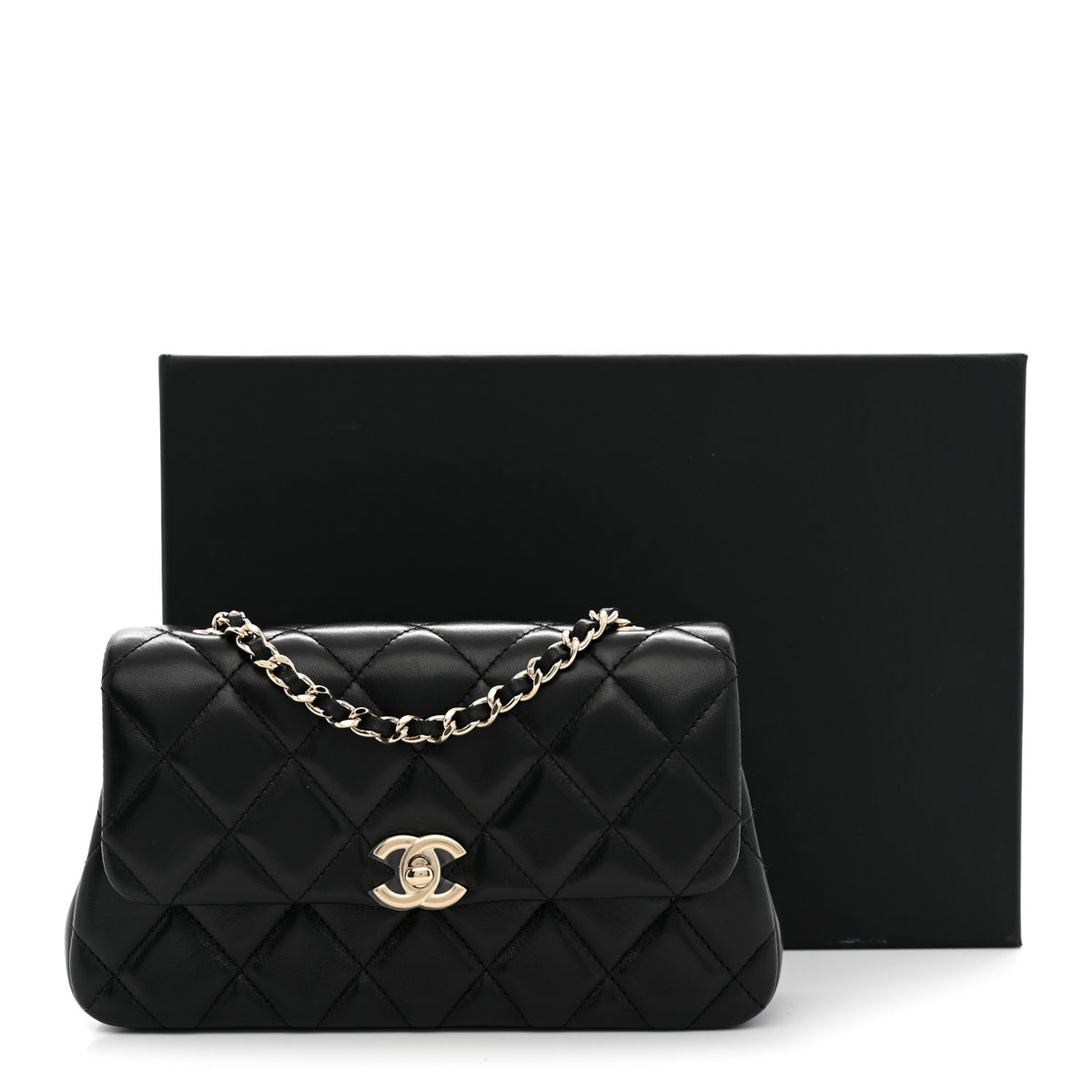 Lambskin Quilted Rectangular Phone Holder Clutch With Chain Black