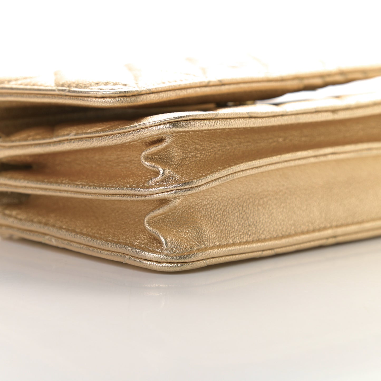 Metallic Lambskin Quilted Mini Wallet On Chain WOC Gold