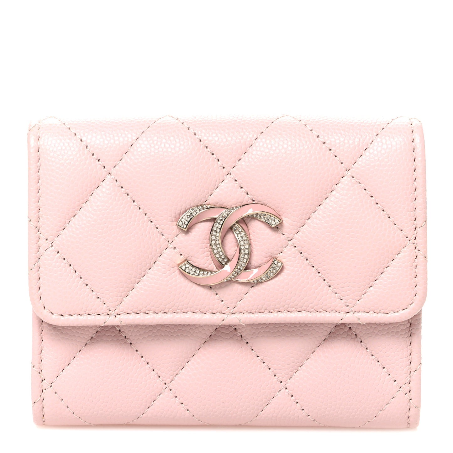 Caviar Quilted Crystal Enamel CC Flap Card Holder Pink