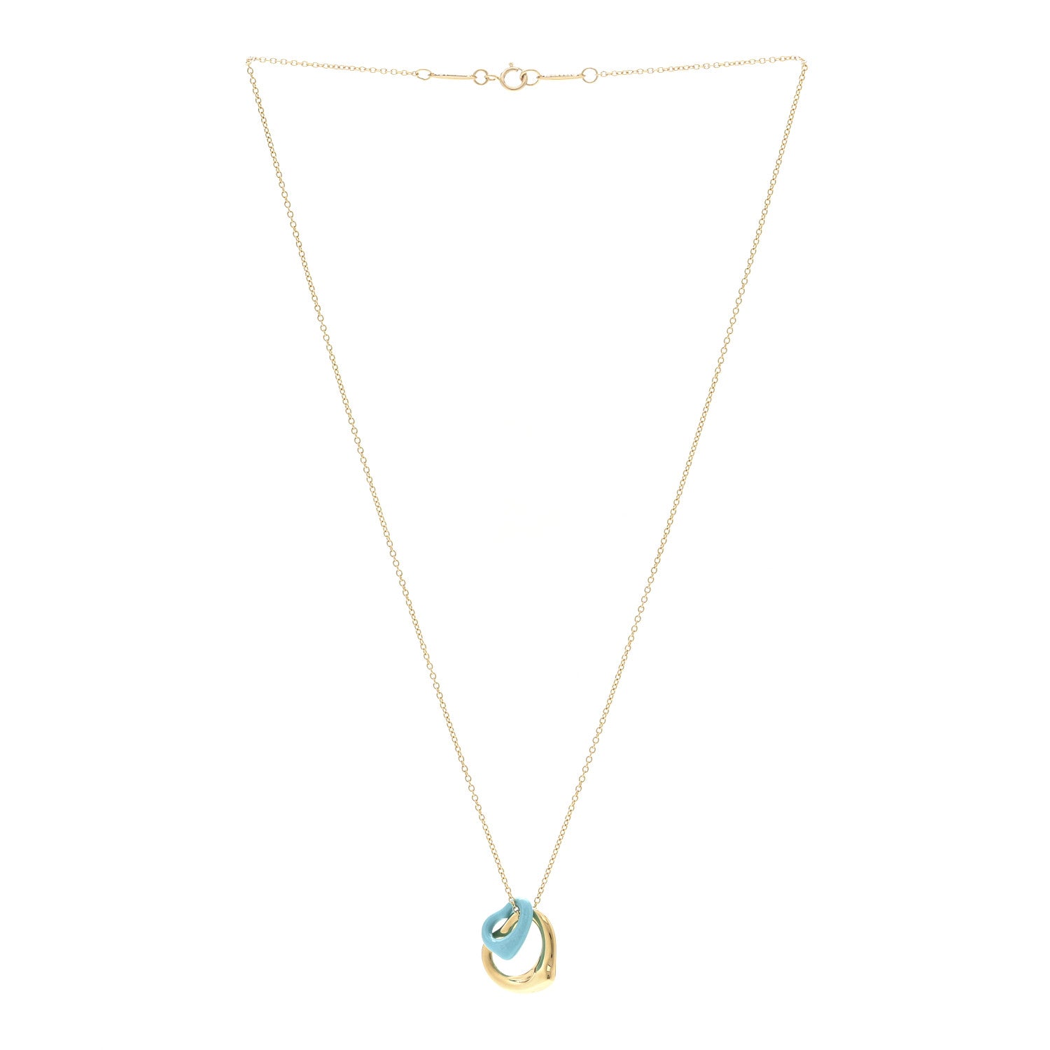 Tiffany 18K Yellow Gold Turquoise Elsa Peretti Double Open Heart Pendant Necklace 3 of 6