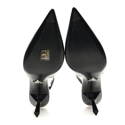 Prada Vernice Saffiano Triangle Logo Pointed Toe 75mm Slingback Pumps 37.5 Black 5 of 8
