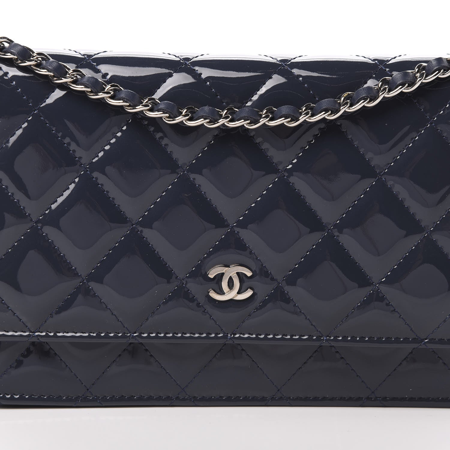 Chanel Patent Quilted Wallet On Chain WOC Navy Blue 9 of 12