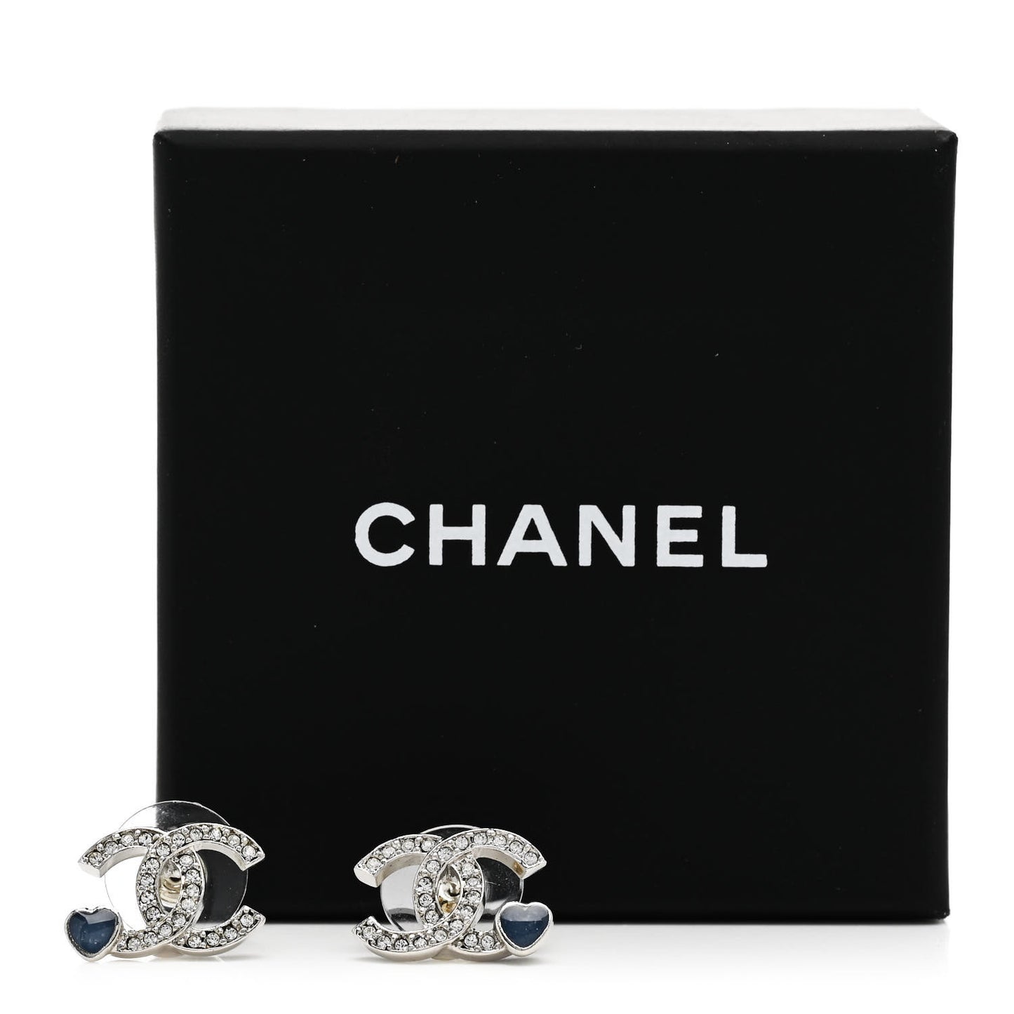 Metal Crystal Resin CC Heart Earrings Silver Blue